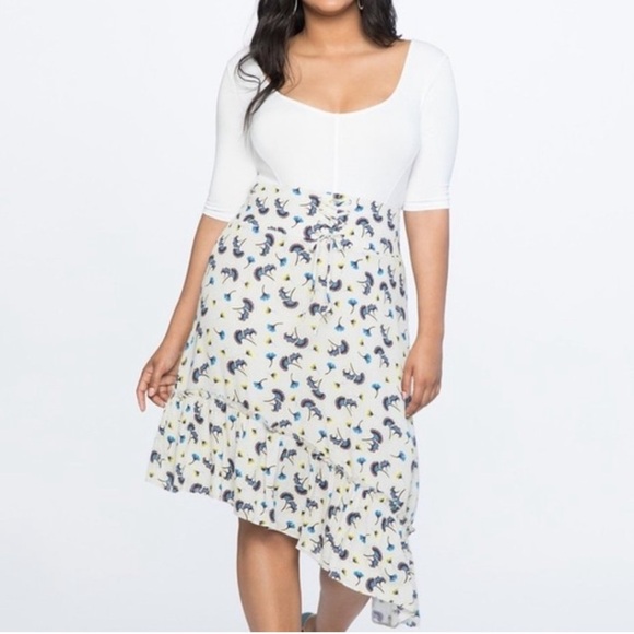 Eloquii NEW Floral Print Corset Waist Asymmetrical Flounce Midi Skirt Sz 22 - Picture 1 of 10